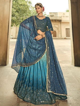Blue and Teal Silk Embroidered Lehenga Choli Clothsvilla