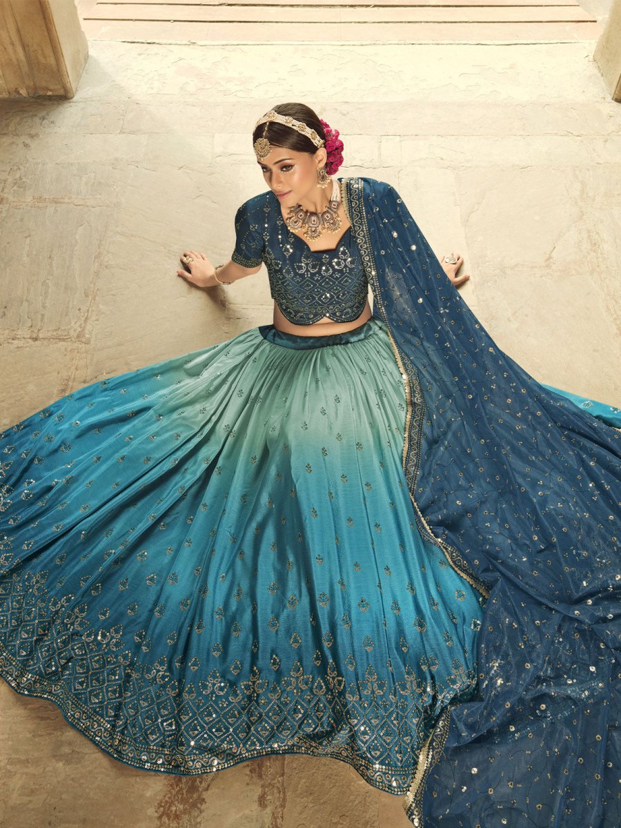 Blue and Teal Silk Embroidered Lehenga Choli Clothsvilla