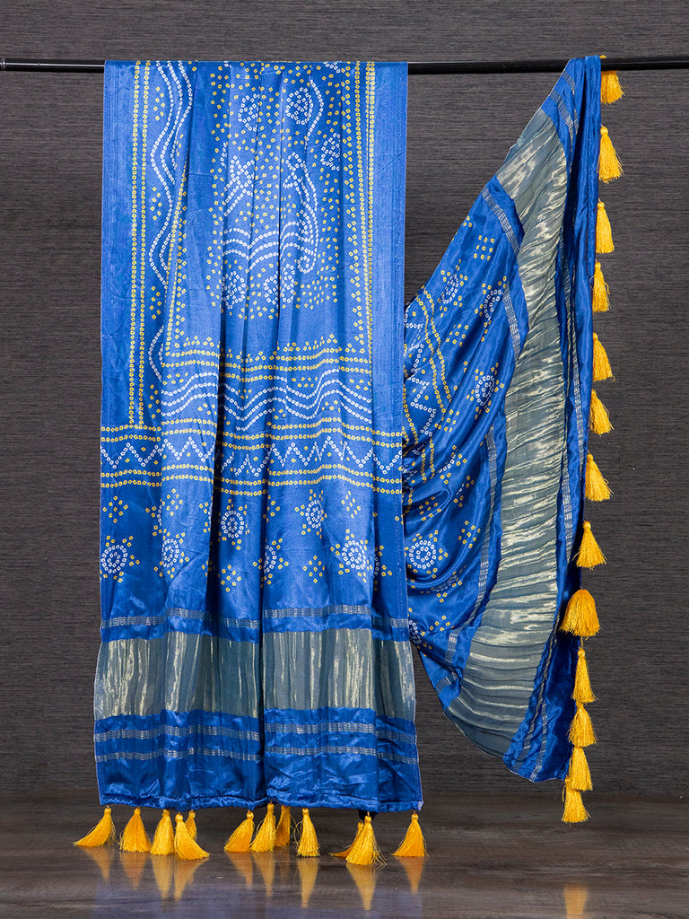 Blue Color Pure Gaji Silk Bandhani Printed Dupatta With Tassels Clothsvilla