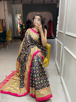 Blue Color Foil Printed And Stone Work Dola Silk Saree Clothsvilla