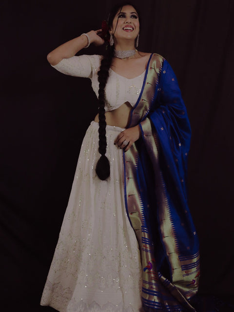 White Color Sequins And Thread Work Georgette Lehenga Choli Set Clothsvilla Main image