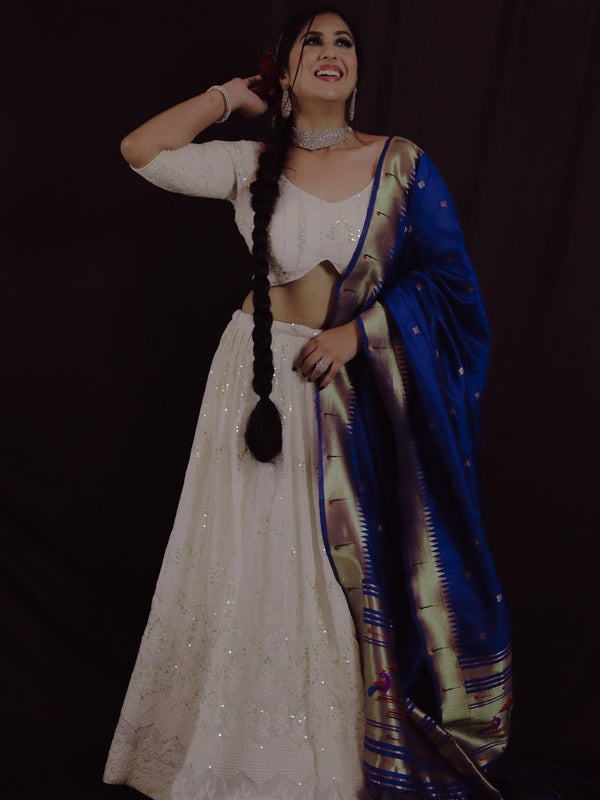 White Color Sequins And Thread Work Georgette Lehenga Choli Set Clothsvilla
