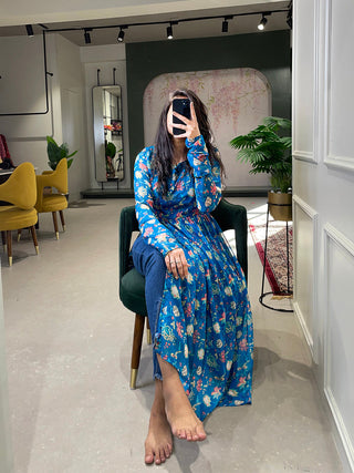 Blue Color Floral Printed Georgette Material Naira Cut Kurti Clothsvilla