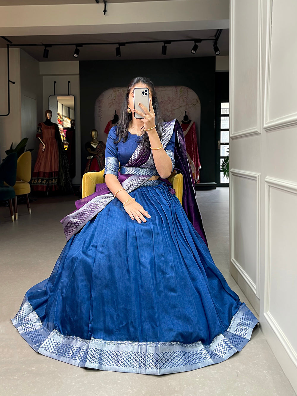 Blue Color Plain And Silver Viscose Chanderi Dupion Silk Semi Stich Half Saree Lehenga Choli ClothsVilla.com