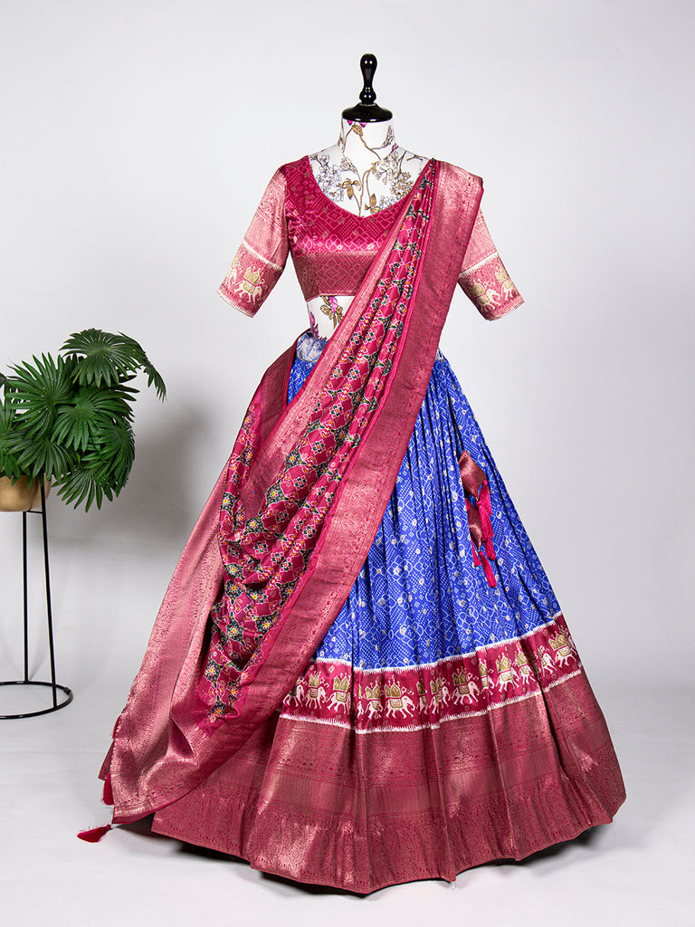 Blue Color Weaving Work With Digital Print Jacquard Silk Pattu Lehenga Choli ClothsVilla.com