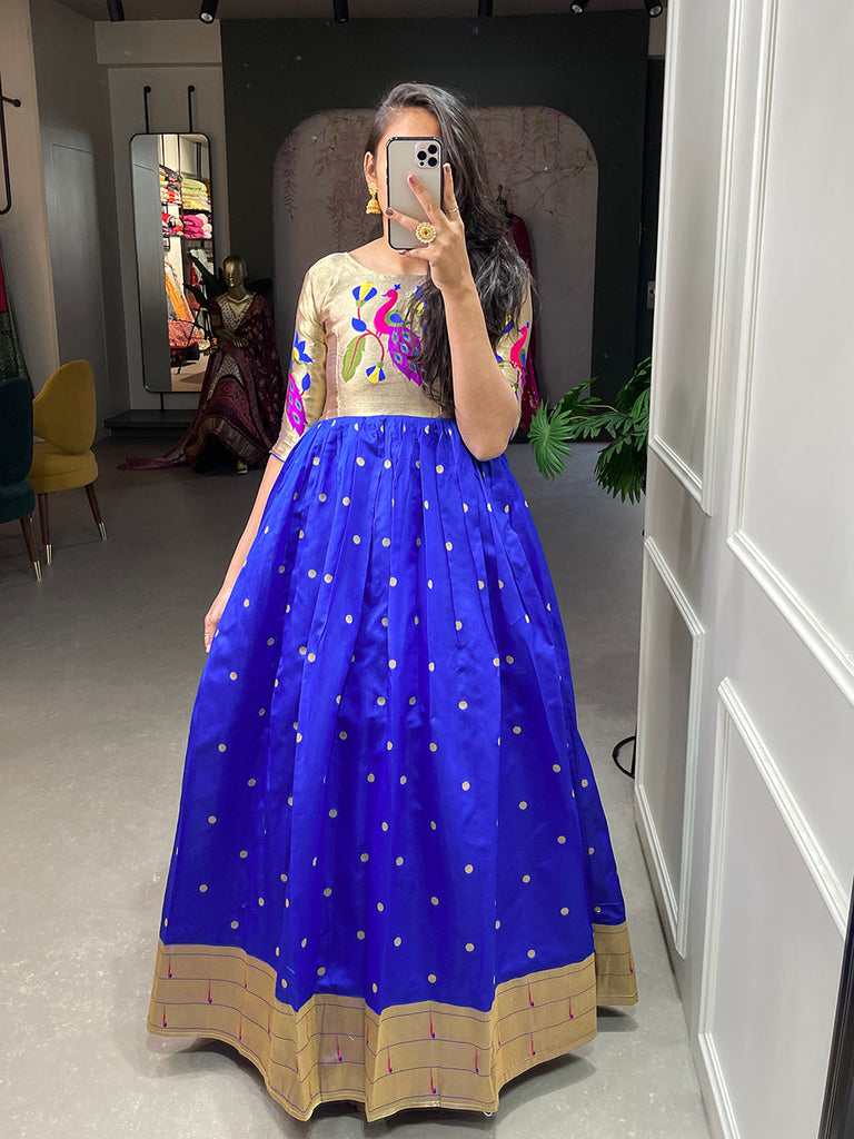 Blue Color Weaving Zari Work Jacquard Silk Paithani Gown Clothsvilla