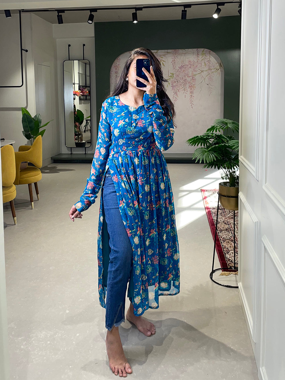 Blue Color Floral Printed Georgette Material Naira Cut Kurti Clothsvilla