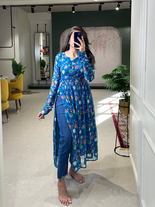 Blue Color Floral Printed Georgette Material Naira Cut Kurti Clothsvilla