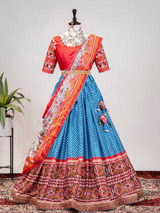 Blue Color Leheriya Patola Print Chinon Lehenga Choli Clothsvilla