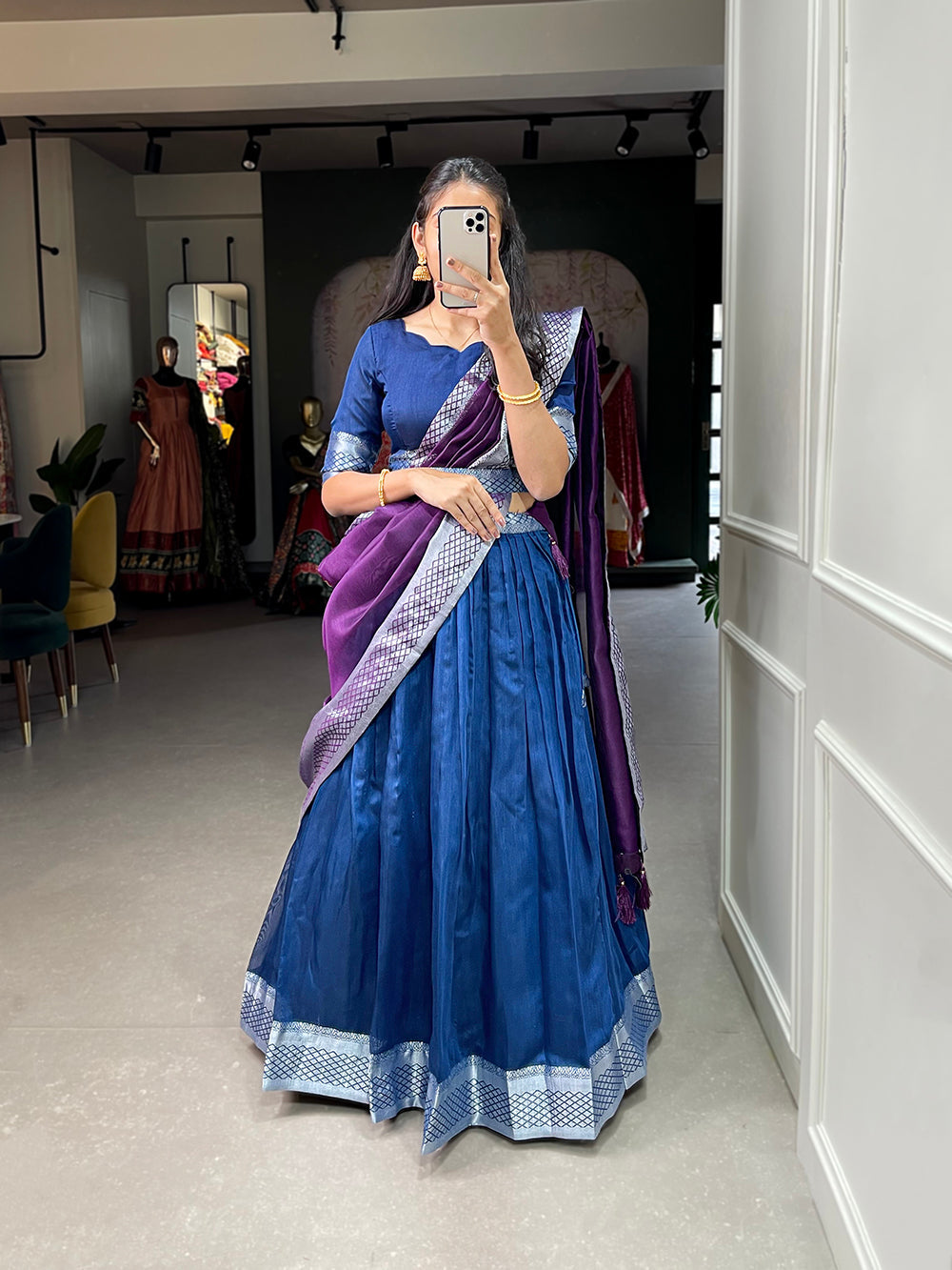 Blue Color Plain And Silver Viscose Chanderi Dupion Silk Sem