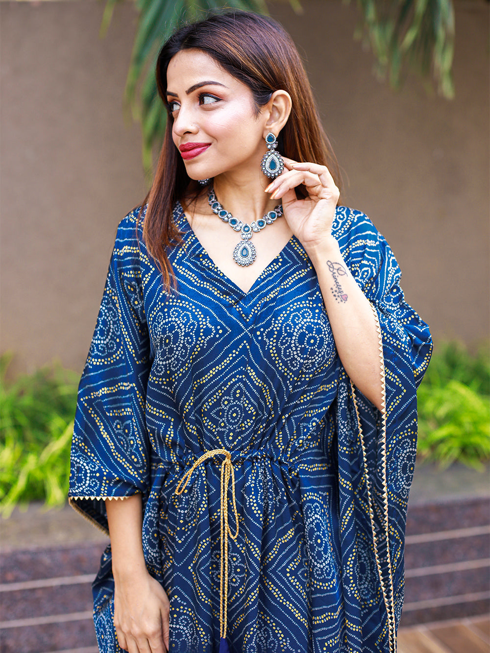 Blue Color Digital Bandhej Print Pure Gaji Silk Kaftan Clothsvilla