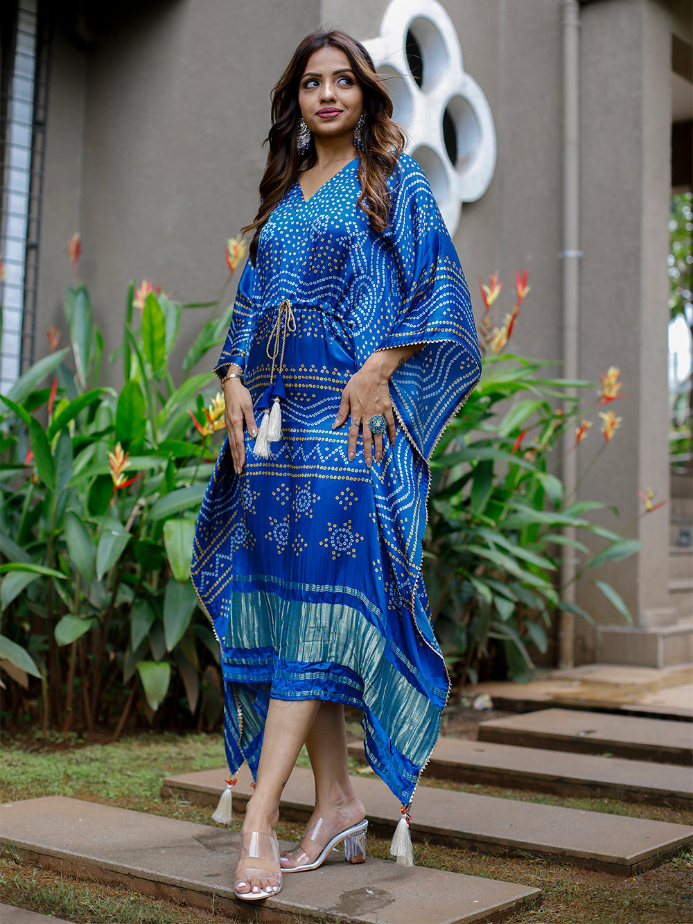 Blue Color Digital Bandhej Printed Pure Gaji Silk Kaftan Clothsvilla