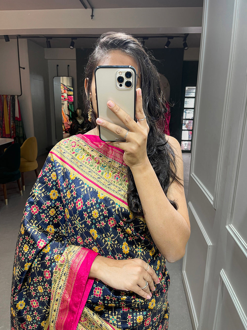 Blue Color Foil Printed And Stone Work Dola Silk Saree Clothsvilla