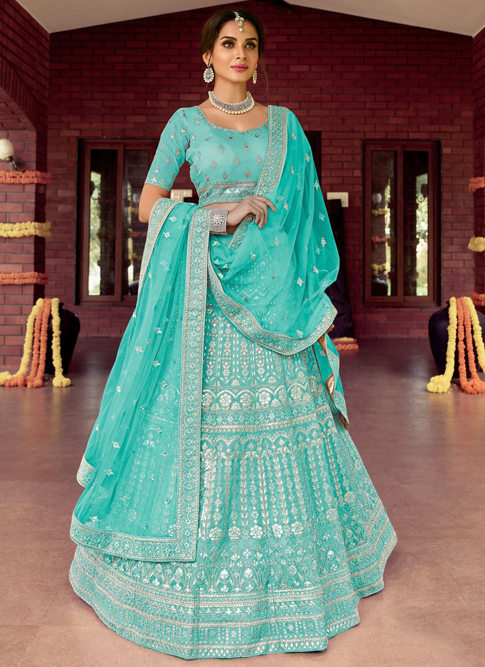 Lehenga Choli Resham Organza In Turquoise Clothsvilla