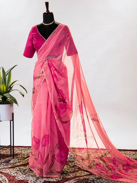 Blush Color Floral & Foil Printed Saree Clothsvilla Main image