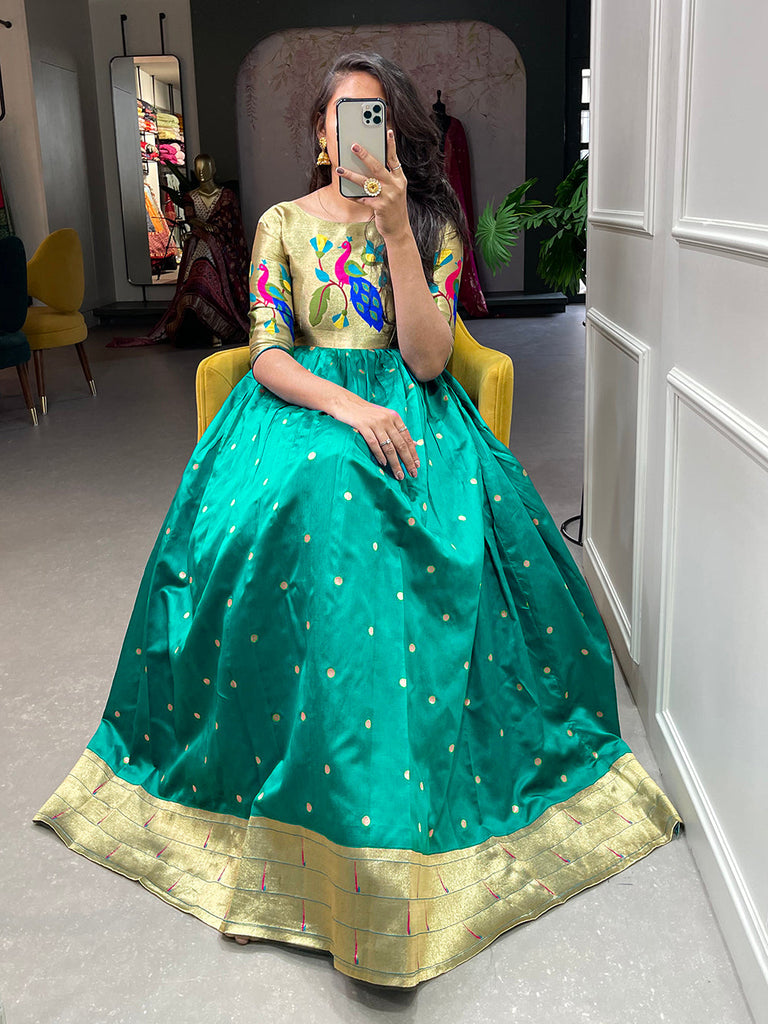 Bottle Green Color Weaving Zari Work Jacquard Silk Paithani Bottle Green Color Weaving Zari Work Jacquard Silk Paithani