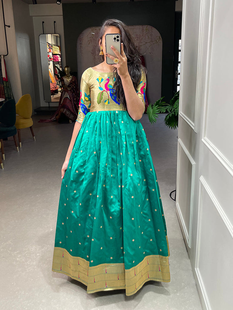 Bottle Green Color Weaving Zari Work Jacquard Silk Paithani Gown Clothsvilla