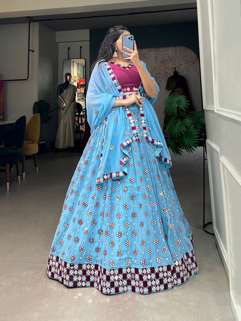 Sky Blue Color Sequins And Embroidery With Original Mirror Work Georgette Lehenga Choli Clothsvilla