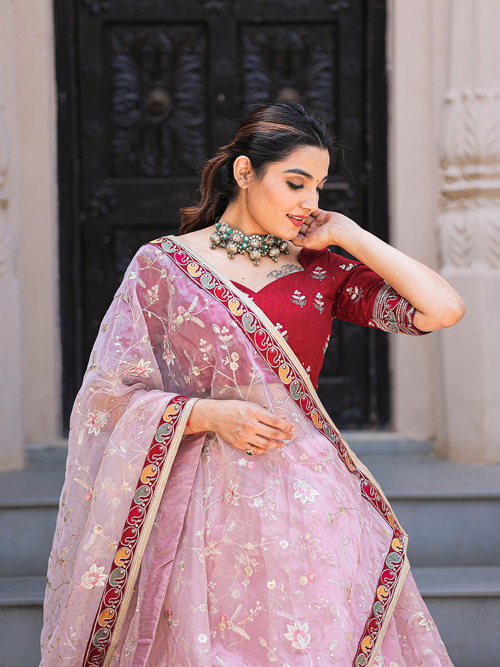 Light Pink Color Thread Embroidery Work With Lace Border Organza Lehenga Choli ClothsVilla.com