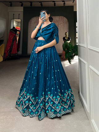 Teal Color Thread Embroidery Work Vichitra Silk Lehenga Choli Clothsvilla