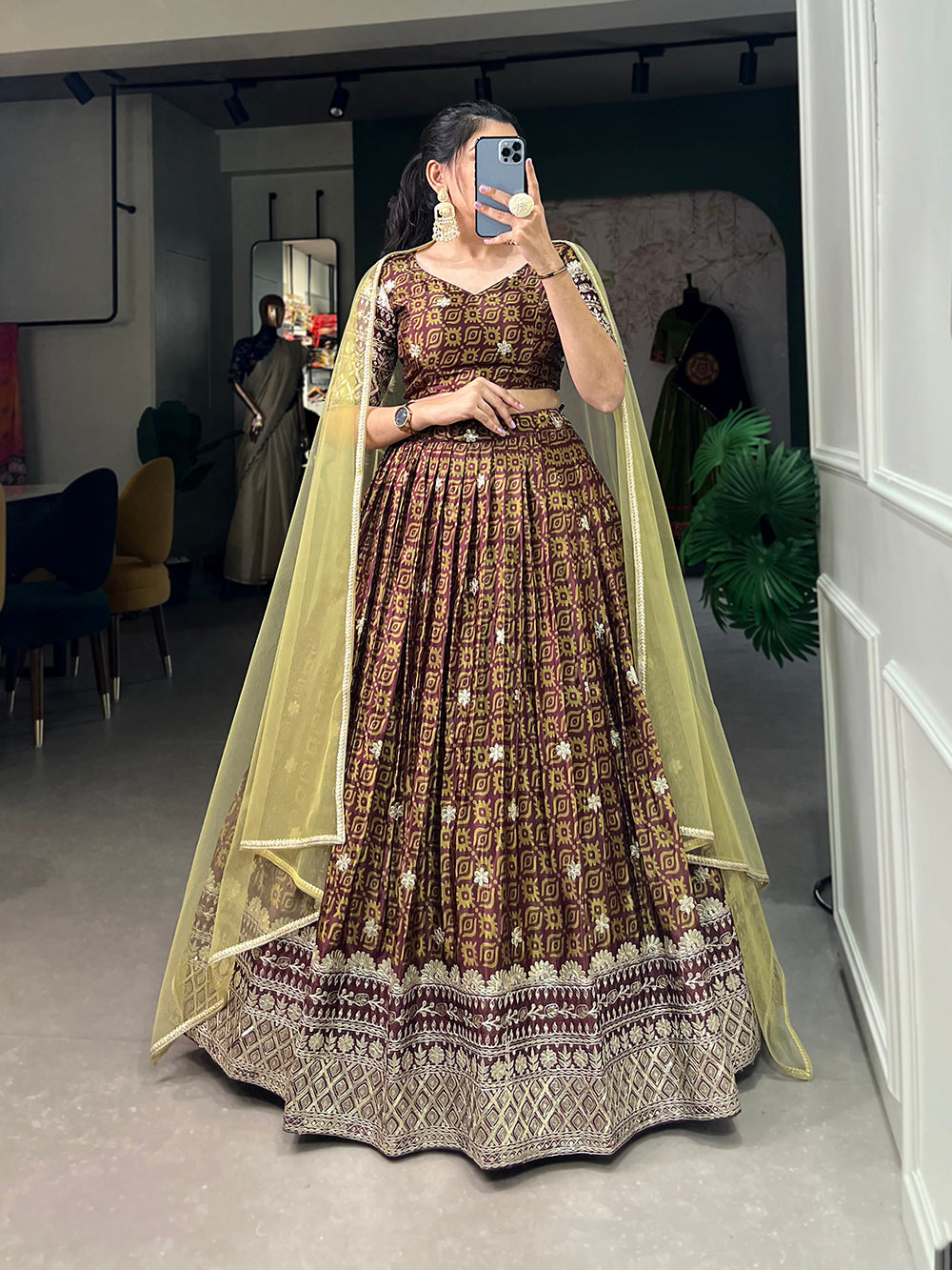Brown Color Digital Printed Sequins And Embroider Work Chinon Indian Lehenga Choli Clothsvilla