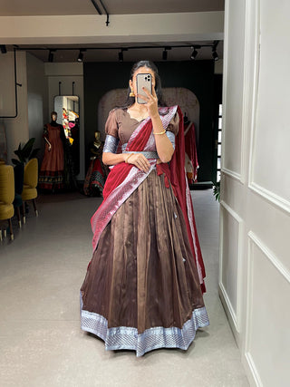 Brown Color Plain And Silver Viscose Chanderi Dupion Silk Semi Stich Half Saree Lehenga Choli ClothsVilla.com