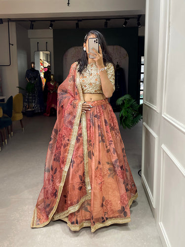 Brown Color Printed And Sequins Embroidery Lace Border Organza Lehenga Choli ClothsVilla.com