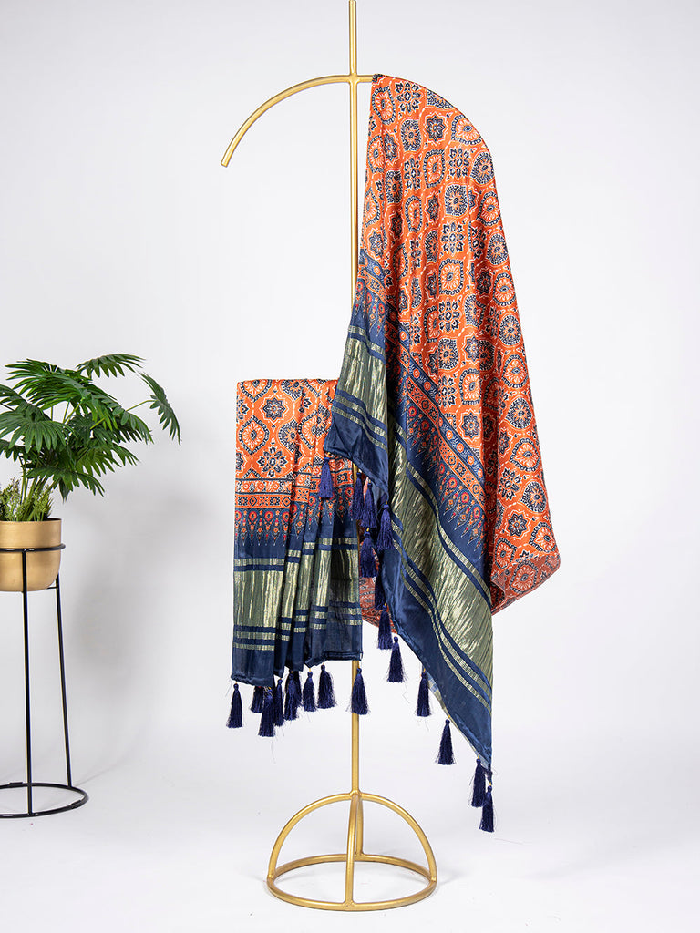 Brown Color Digital Printed Pure Gaji Silk Dupatta With Tassels Clothsvilla