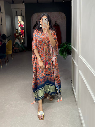 Brown Color Ajrakh Digital Printed Gaji Silk Kaftan ClothsVilla