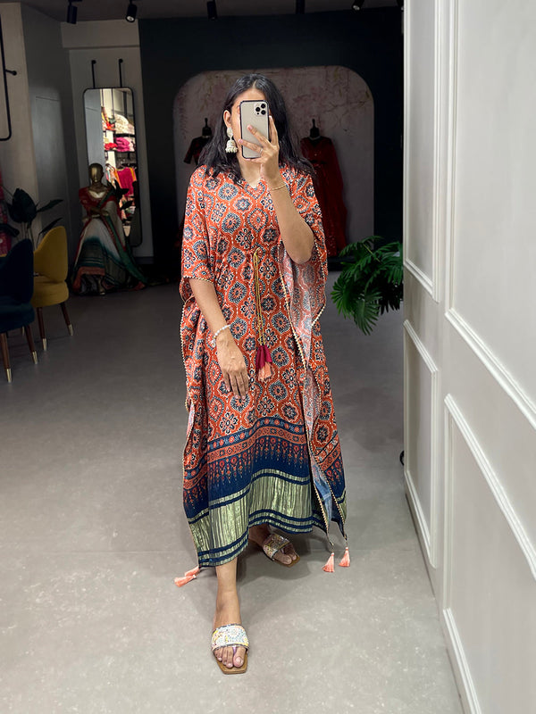Brown Color Ajrakh Digital Printed Gaji Silk Kaftan ClothsVilla