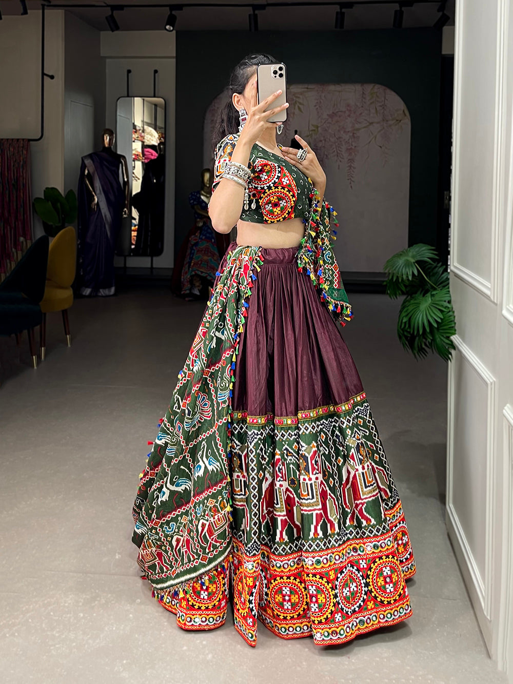 Brown Color Patola Print With Gamthi Work And Mirror Work Dola Silk Chaniya Choli ClothsVilla