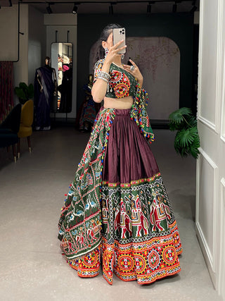 Brown Color Patola Print With Gamthi Work And Mirror Work Dola Silk Chaniya Choli ClothsVilla