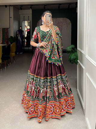 Brown Color Patola Print With Gamthi Work And Mirror Work Dola Silk Chaniya Choli ClothsVilla
