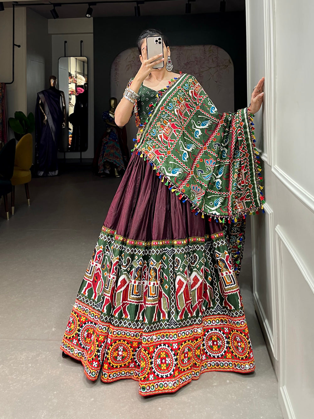 Brown Color Patola Print With Gamthi Work And Mirror Work Dola Silk Chaniya Choli ClothsVilla