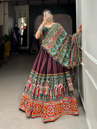 Brown Color Patola Print With Gamthi Work And Mirror Work Dola Silk Chaniya Choli ClothsVilla