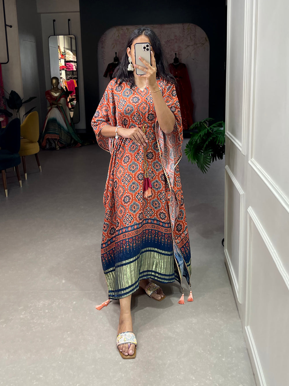 Brown Color Ajrakh Digital Printed Gaji Silk Kaftan ClothsVilla