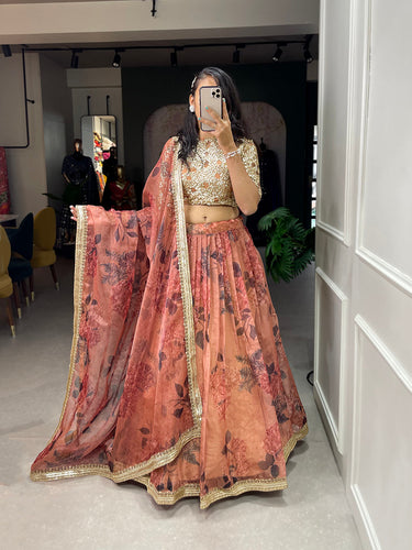Brown Color Printed And Sequins Embroidery Lace Border Organza Lehenga Choli ClothsVilla.com