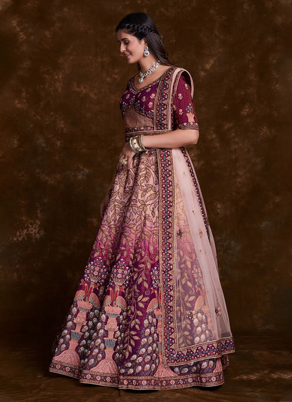 Burgundy Art Silk Lehenga Set With Thread Zari Dori Zarkan Clothsvilla Main image