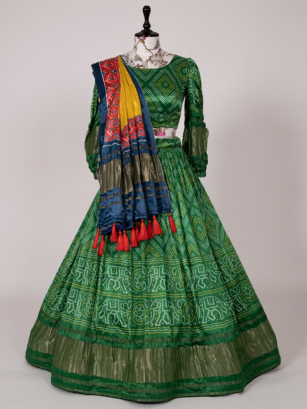 Green Color Bandhani Printed Pure Gaji Silk Gujarati Chaniya Choli Clothsvilla