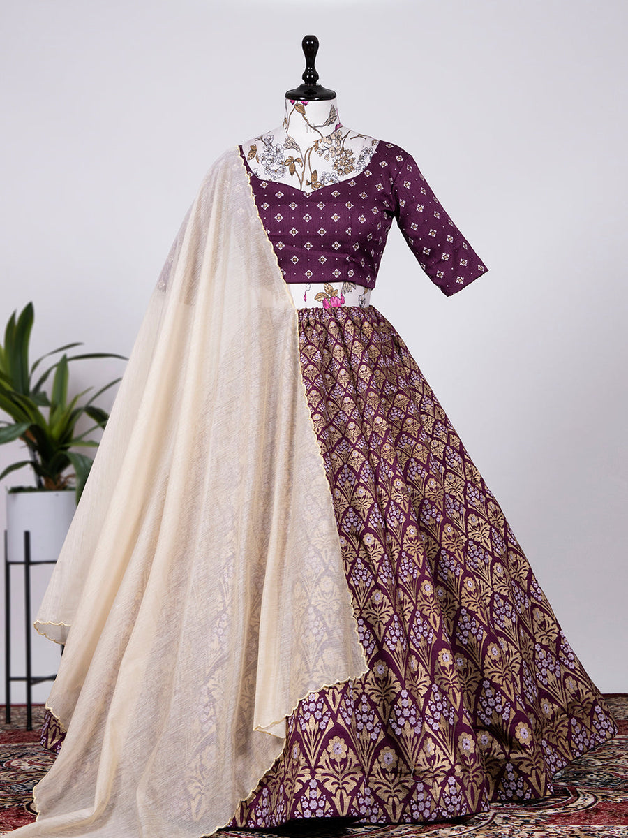 Wine Color Aada Slub Silk Foil Printed Lehenga Choli With Ch