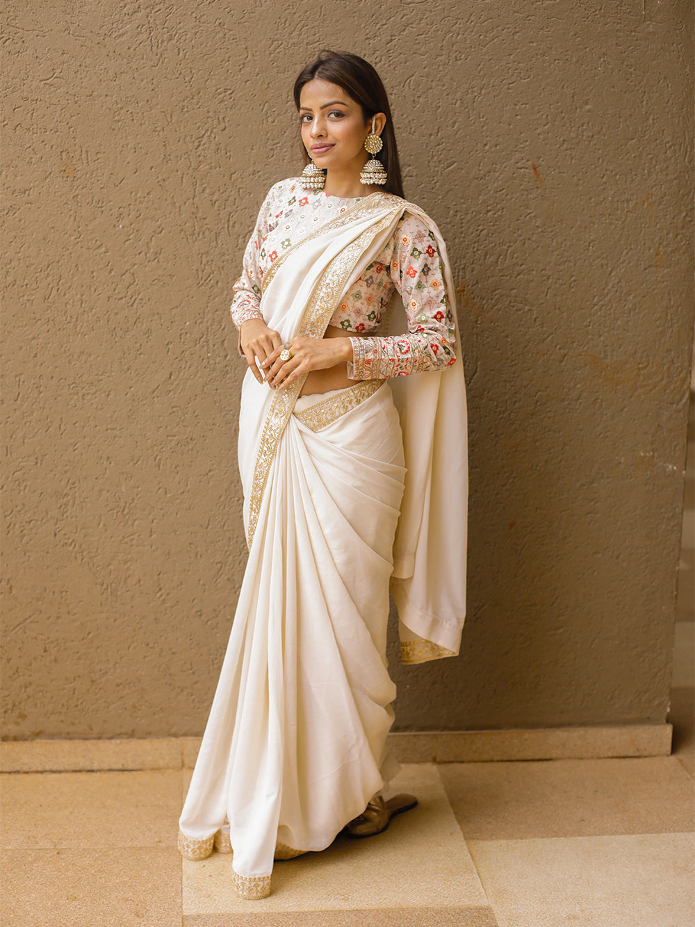 Cream Color Sequins & Thread Embroidery Border Work Georgette Saree Clothsvilla
