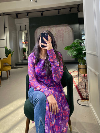 Purple Color Floral Printed Georgette Material Naira Cut Kurti Clothsvilla