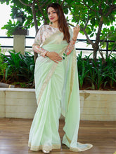 Load image into Gallery viewer, Pista Color Sequins &amp; Thread Embroidery Lace border Work Georgette Saree Clothsvilla