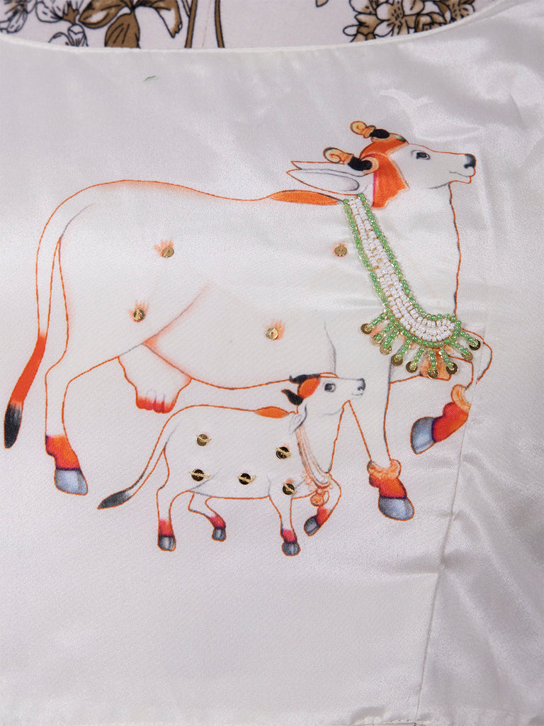 White Color Printed Silk Half Saree Set With Pethani Dupatta Clothsvilla