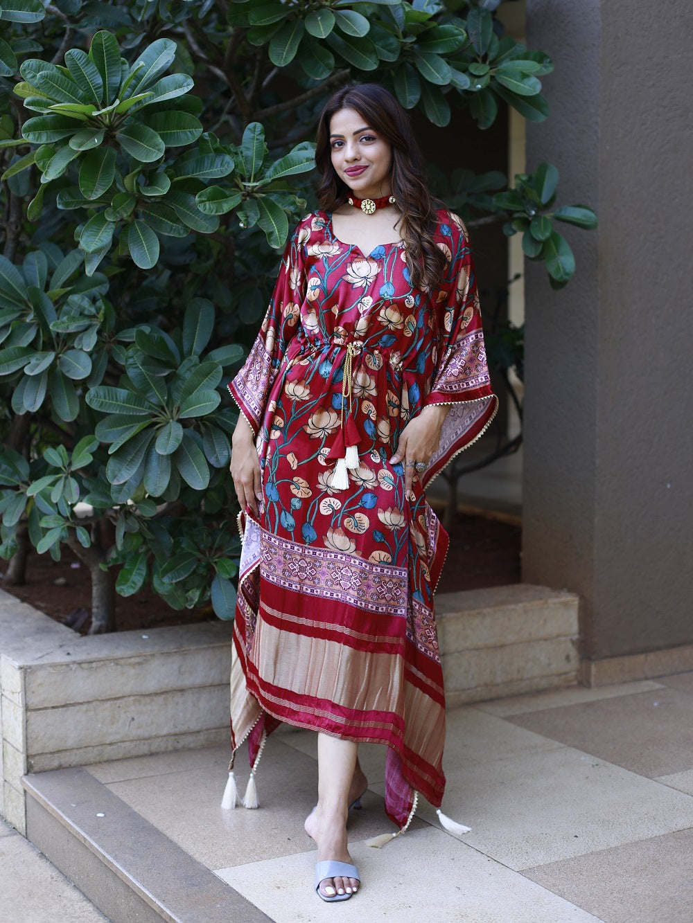 Maroon Color Digital Printed Pure Gaji Silk Kaftan Clothsvilla