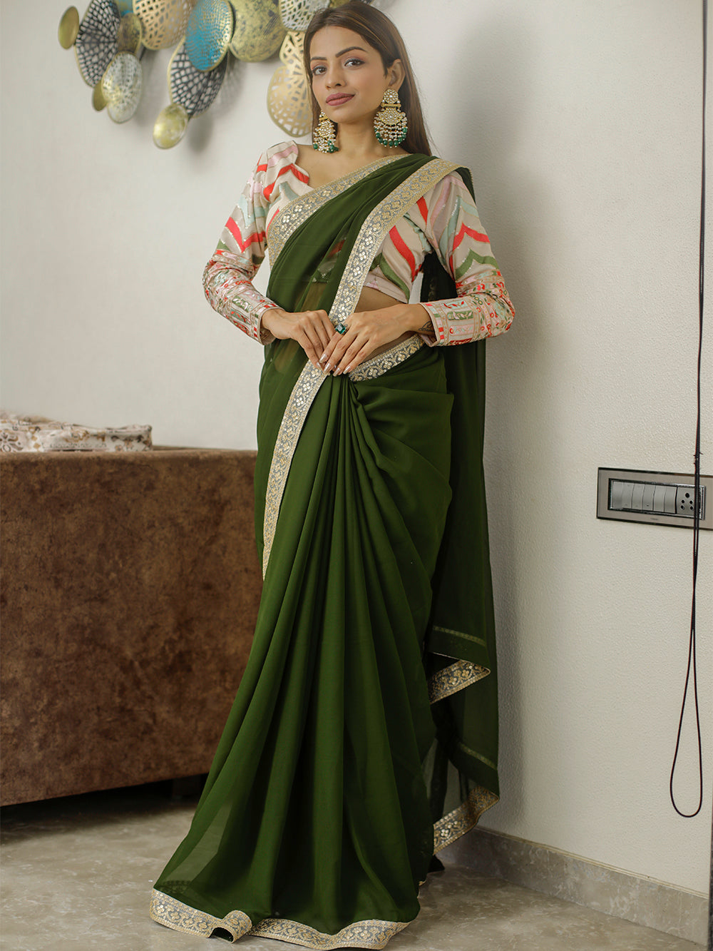 Mehendi Color Sequins & Thread Embroidery Lace Border Georgette Saree Clothsvilla