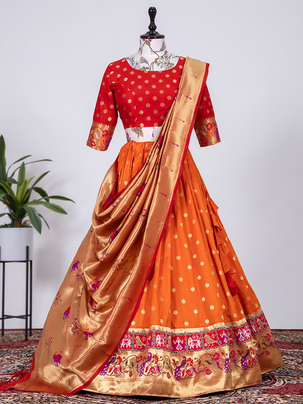 Orange Color Jacquard Silk Paithani Lehenga Choli Clothsvilla