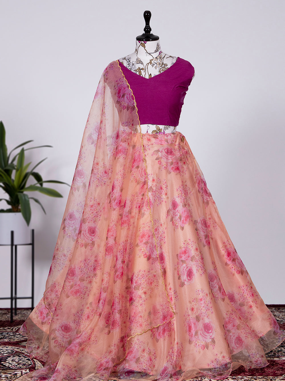 Peach Color Floral Printed Organza Lehenga Choli Clothsvilla