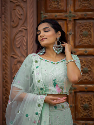 Pista Color Lucknowi Work Georgette Lehenga Choli Clothsvilla