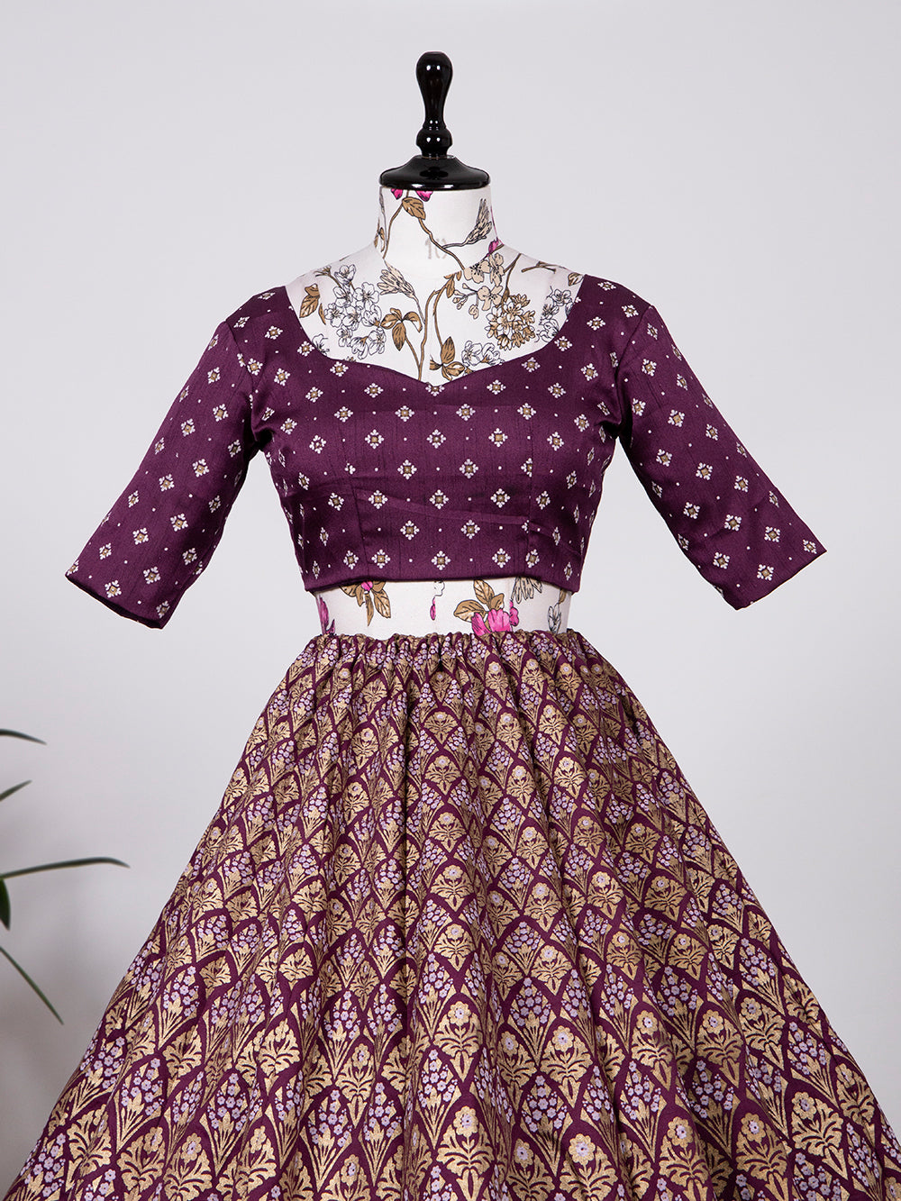 Wine Color Aada Slub Silk Foil Printed Lehenga Choli With Chanderi Dupatta Clothsvilla